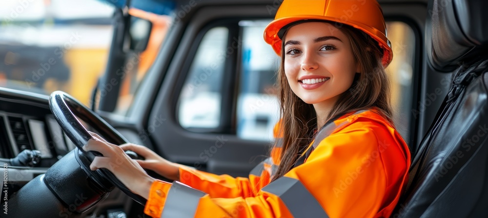 Smiling Female Truck Driver in Orange Uniform and Hard Hat, Confidence in Transportation Industry Smiling Female Truck Driver in Orange Uniform and Hard Hat, Confidence in Transportation Industry