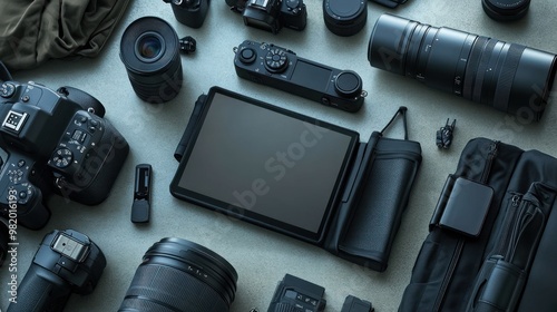 A flat lay of photography equipment, including cameras, lenses, and a tablet.