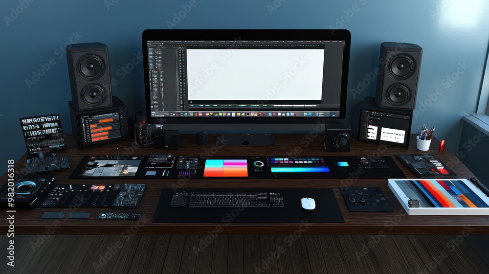 A modern workspace featuring a computer, audio equipment, and design tools for creative tasks. A modern workspace featuring a computer, audio equipment, and design tools for creative tasks.