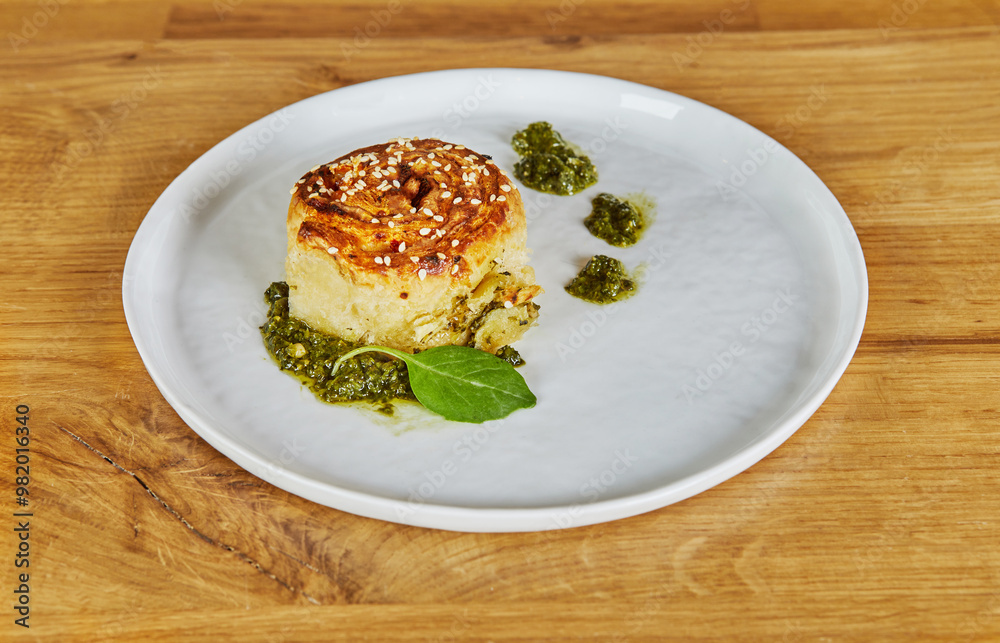 A single savory pastry garnished with sesame seeds and served with dollops of green pesto sauce on a white plate, a perfect gourmet appetizer A single savory pastry garnished with sesame seeds and served with dollops of green pesto sauce on a white plate, a perfect gourmet appetizer