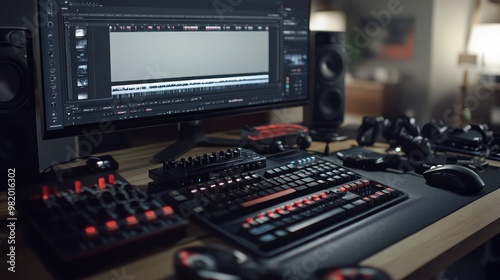 A modern workspace featuring a computer, keyboard, audio equipment, and gaming accessories.