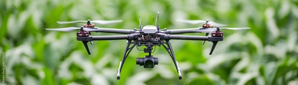 A high-resolution drone hovering over lush green crops, showcasing advanced agricultural technology in action. A high-resolution drone hovering over lush green crops, showcasing advanced agricultural technology in action.