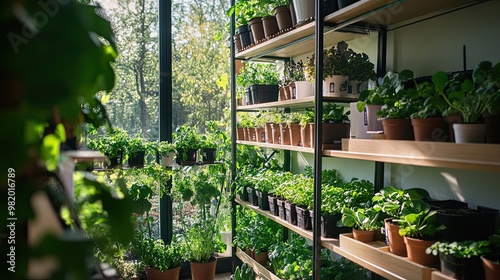 Indoor Garden with Multiple Plant Varieties on Wooden Shelves