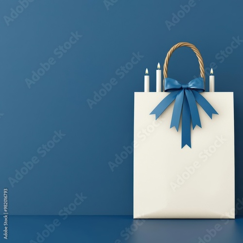 Hanukkah gelt in a gift bag, blue ribbon and festive decor, 3D illustration photo