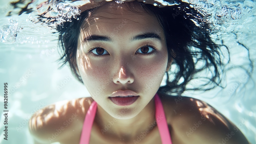 Beautiful young asian woman swimmer underwater in swimming pool with eyes open,fashion concept at hotel during her summer vacation trip,Summer and holiday concept,Copy space. Beautiful young asian woman swimmer underwater in swimming pool with eyes open,fashion concept at hotel during her summer vacation trip,Summer and holiday concept,Copy space.