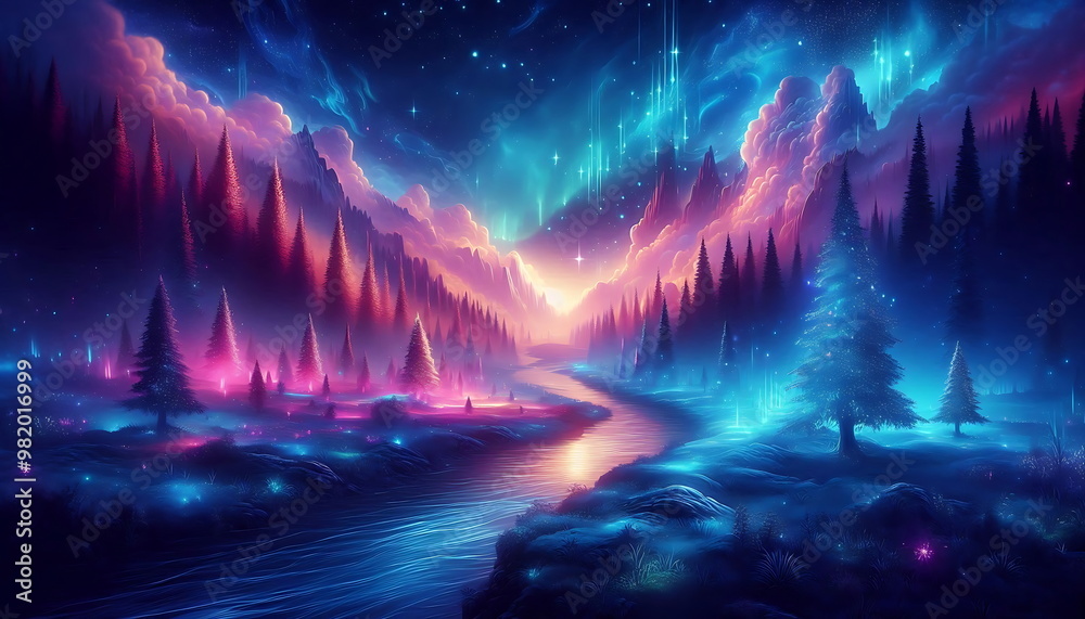 Obraz premium Colorful Landscape, Neon Light, Nature Background