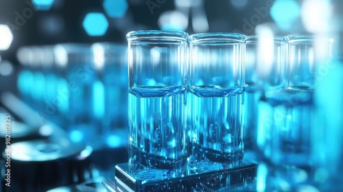 Laboratory Test Tubes Filled with Blue Liquid, Digital Charts and Data in Background, High-Res Close-Up