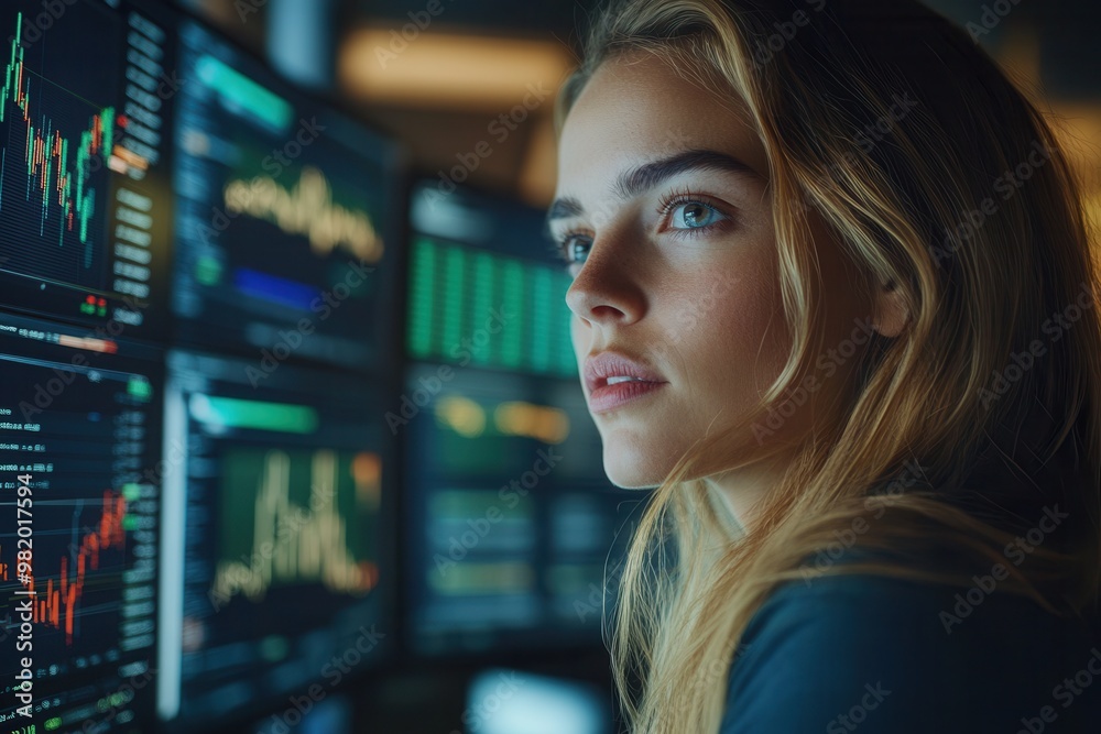 Focused young woman analyzing financial data on multiple screens in a modern office, representing trading and investment expertise. Focused young woman analyzing financial data on multiple screens in a modern office, representing trading and investment expertise.