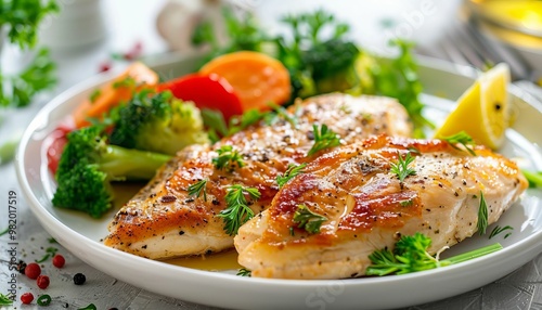 Grilled chicken breast with roasted vegetables and lemon wedge on white plate