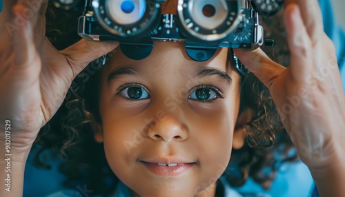 Optometrist examining young childs eyes with a phoropter