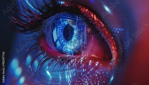 Glowing eye of a woman with a reflection of a futuristic city in the iris photo