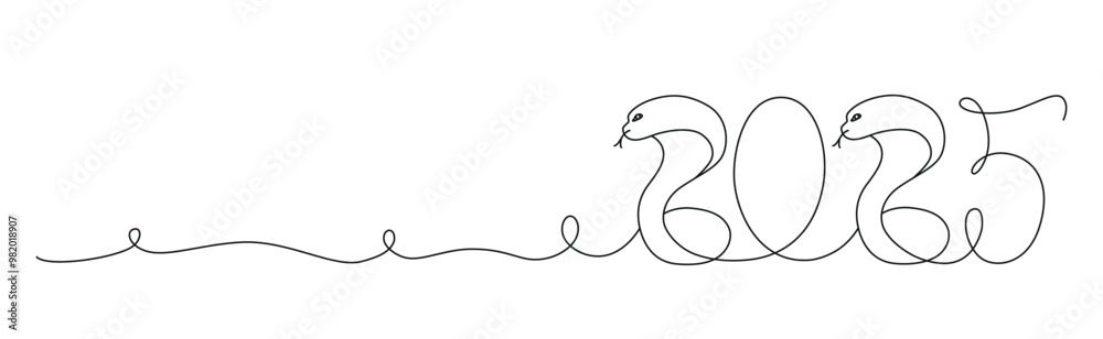 Fototapeta premium Decoration continuous line hand drawing sign for 2025 year calendar, presentation, poster. Vector stock illustration minimalism design isolated on white background. Editable stroke single line. 