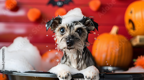 Cute Dog in Bubble Bath with Halloween Decorations and Pumpkins