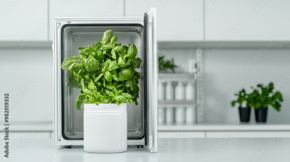 Fototapeta premium Fresh green basil in a pot inside a modern refrigerator, showcasing healthy food storage in a stylish kitchen environment.