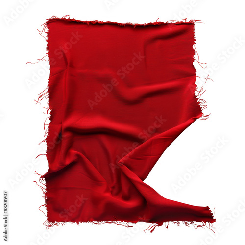 Red fabric with ripped edges, isolated on a white background, crumpled and textured.
