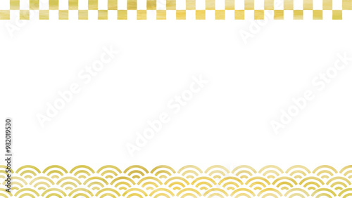 水彩ゴールドの市松模様と青海波の背景素材バナーテンプレート、フレーム、ベクターイラスト、和風、白背景、16：9、水彩テクスチャ、余白、文字スペース、高級感