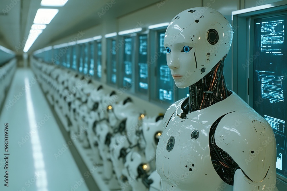 Futuristic robots lined up in a high-tech facility. Futuristic robots lined up in a high-tech facility.