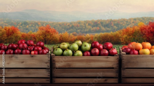 A picturesque display of red and green apples in rustic wooden crates, set against a backdrop of colorful autumn foliage.