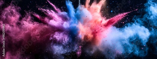 Black background, colorful powder explosion, colorful dust particles flying in the air, colorful cloud of colored sand and color powder exploding into many pieces,