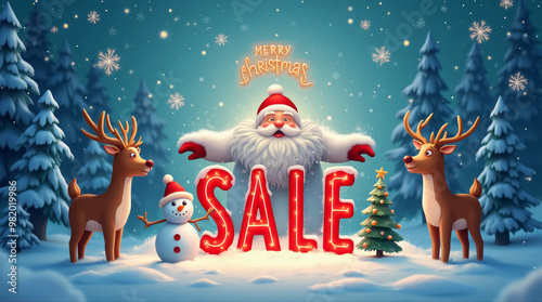 Santa Claus, flanked by cheerful reindeer and a snowman, joyfully promotes a Christmas sale in a snowy forest setting filled with pine trees and twinkling lights.