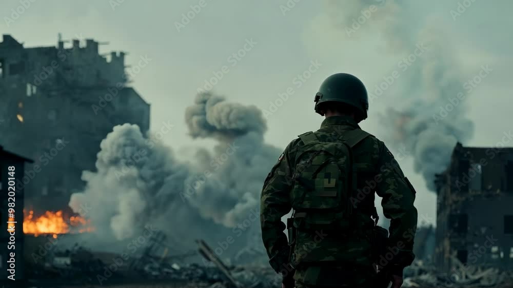 A soldier in a dirty uniform looks at destroyed burning houses. Alone amidst the charred remains, the soldier stands as a silent sentinel, his heart heavy with the burden of what he has seen. A soldier in a dirty uniform looks at destroyed burning houses. Alone amidst the charred remains, the soldier stands as a silent sentinel, his heart heavy with the burden of what he has seen.