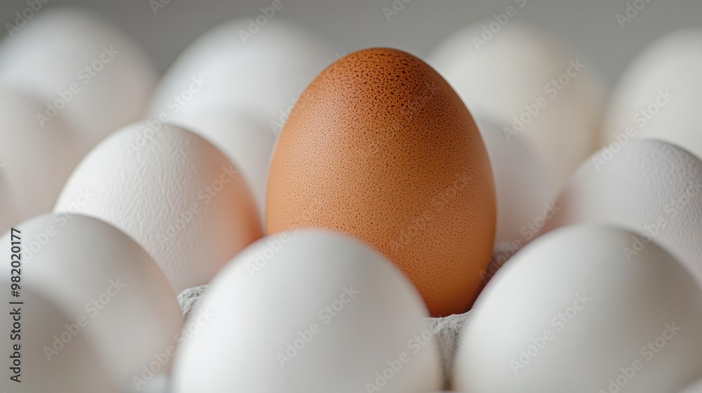 Close Up Of One Brown Shelled Egg Amongst Several White Shelled Eggs On A White Background; Calgary, Alberta, Canada Close Up Of One Brown Shelled Egg Amongst Several White Shelled Eggs On A White Background; Calgary, Alberta, Canada