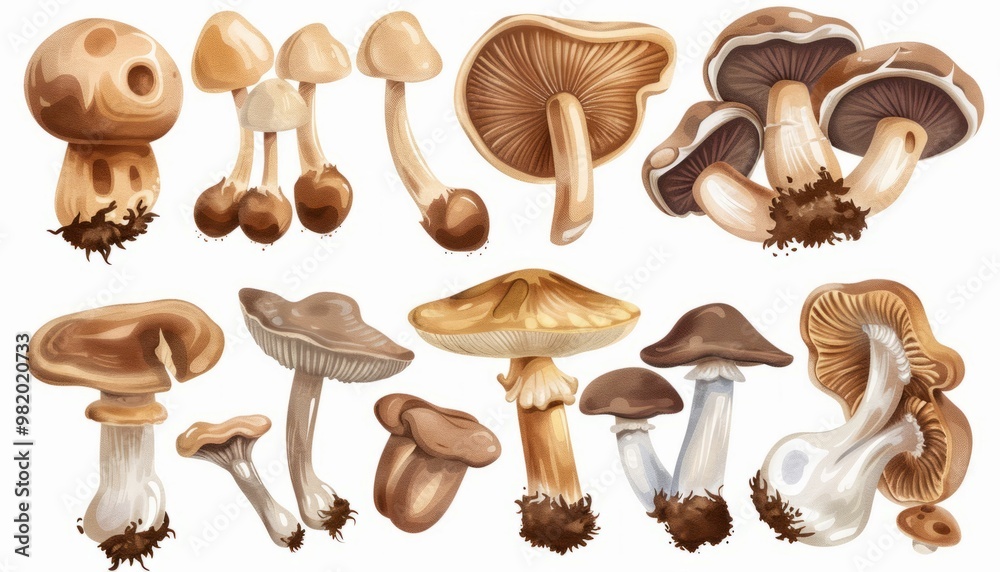 Watercolor Illustration of a Variety of Mushroom Species Watercolor Illustration of a Variety of Mushroom Species