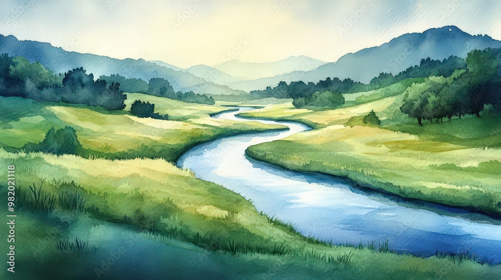 Naklejka premium Serene landscape featuring a winding river surrounded by lush greenery and gentle hills under a tranquil sky.