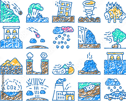 disaster destruction doodle icons set vector. sketch line art freezing rain and heavy rainfall, sandstorm and hurricane, forest fire and drought disaster contour illustrations