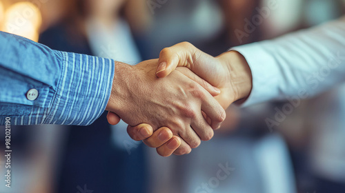 A group of business professionals stands in a sleek, modern office, engaging in a warm handshake. Two individuals at the center of the scene are shaking hands, symbolizing a successful collaboration.