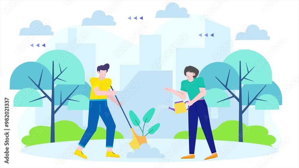 two friends gardening together in a lush city park two friends gardening together in a lush city park
