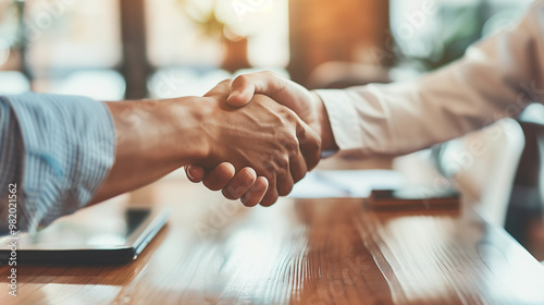 Close-up of a handshake between business partners symbolizing agreement, partnership, and trust