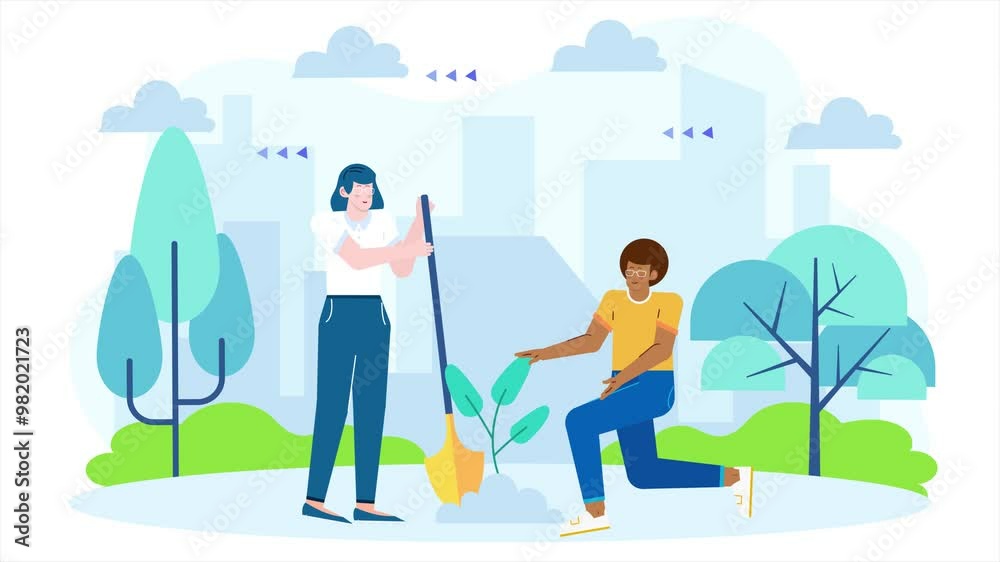 Two people actively engage in planting a tree in a park illustration animated video Two people actively engage in planting a tree in a park illustration animated video