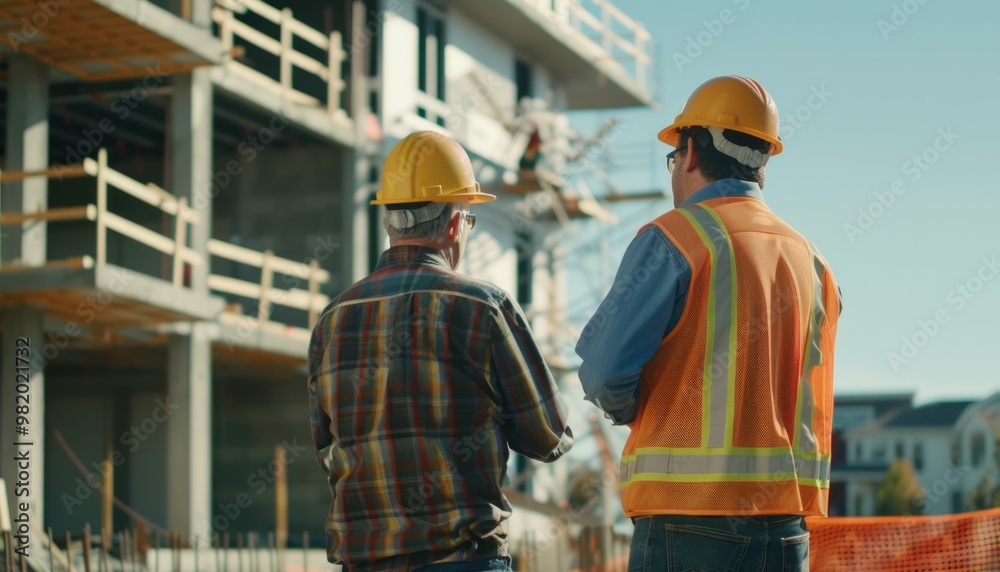 Two construction workers in hard hats and safety vests overlook a building under construction Two construction workers in hard hats and safety vests overlook a building under construction