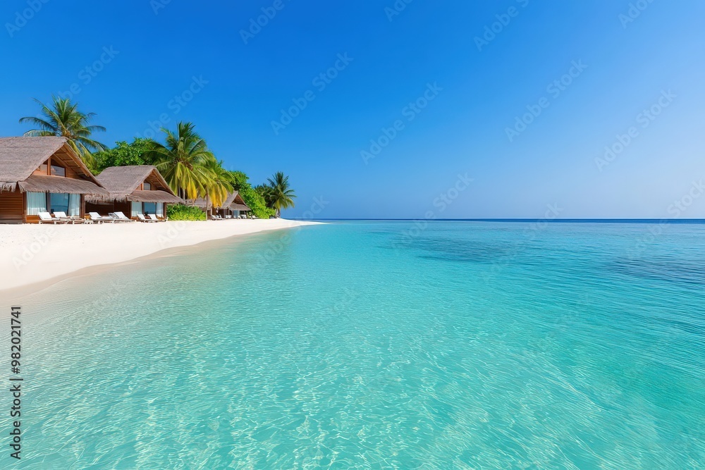 Fototapeta premium A serene tropical beach with clear turquoise water and lush palm trees, perfect for relaxation and vacation inspiration.