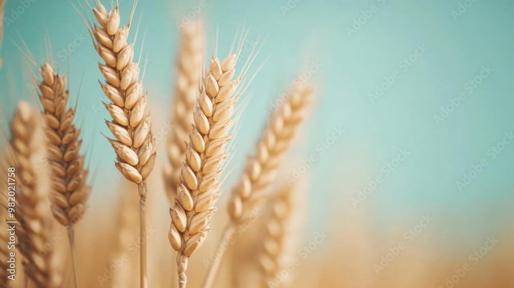 **Description:** Close-up of golden wheat stalks against a soft blue background, highlighting the natural beauty of grain. **Description:** Close-up of golden wheat stalks against a soft blue background, highlighting the natural beauty of grain.