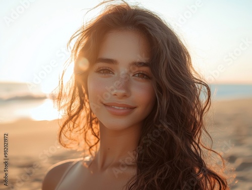 A radiant and captivating young woman with sun kissed skin and windblown hair standing on a serene