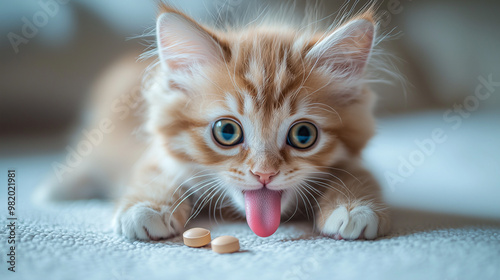 Curious Ginger Kitten: A playful ginger kitten with wide eyes and an extended tongue investigates two pills on a soft, textured surface. 