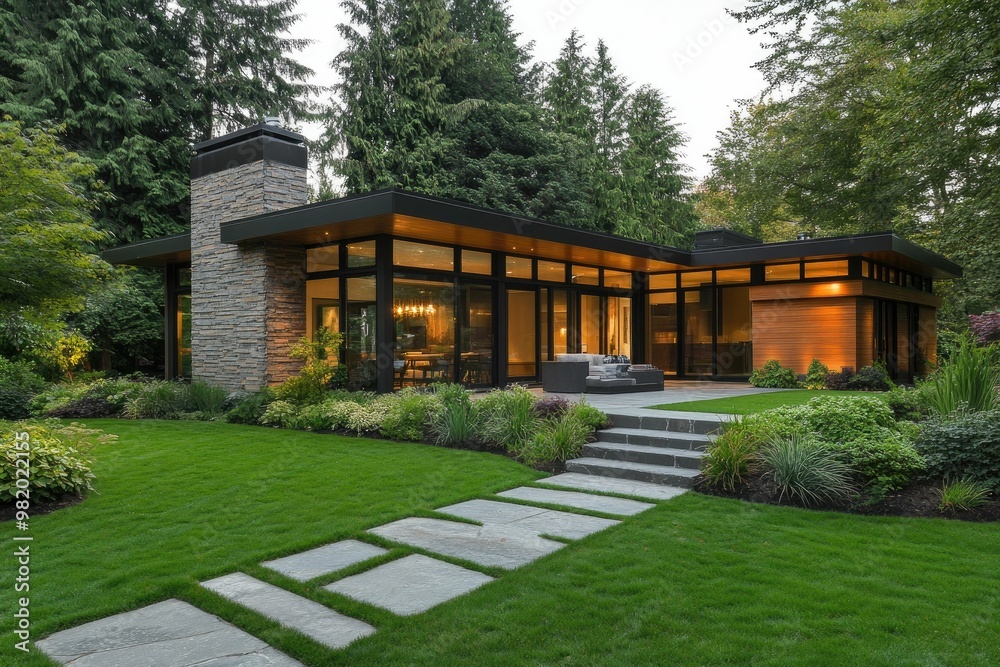 Modern home surrounded by lush greenery and landscaping. Modern home surrounded by lush greenery and landscaping.