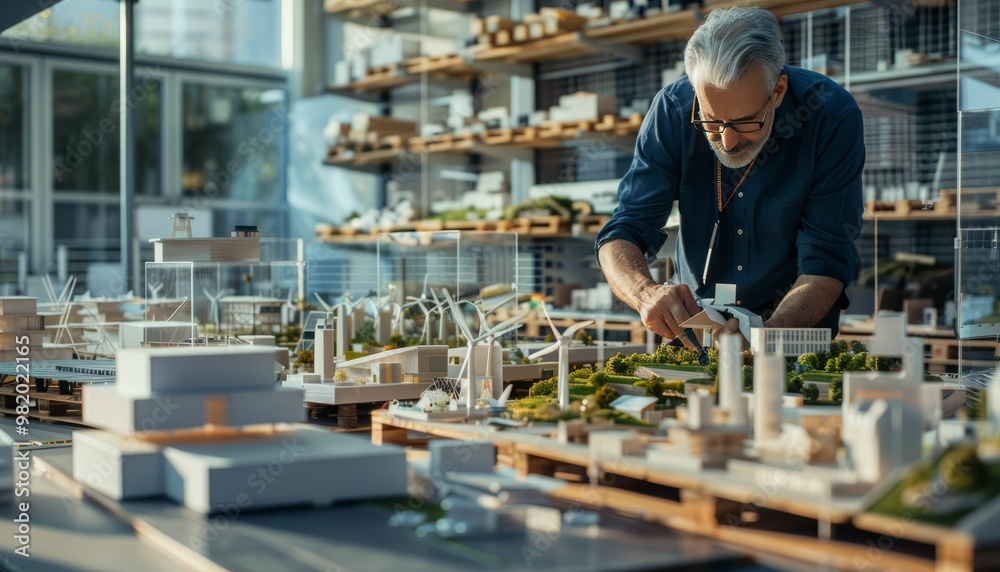Architect Designs Futuristic City Model with Sustainable Buildings and Green Spaces Architect Designs Futuristic City Model with Sustainable Buildings and Green Spaces