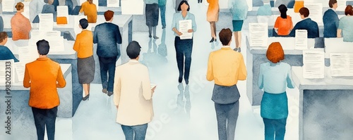 An intricate watercolor painting capturing a top-down perspective of a crowded tax office, highlighting individuals submitting paperwork for tax credits