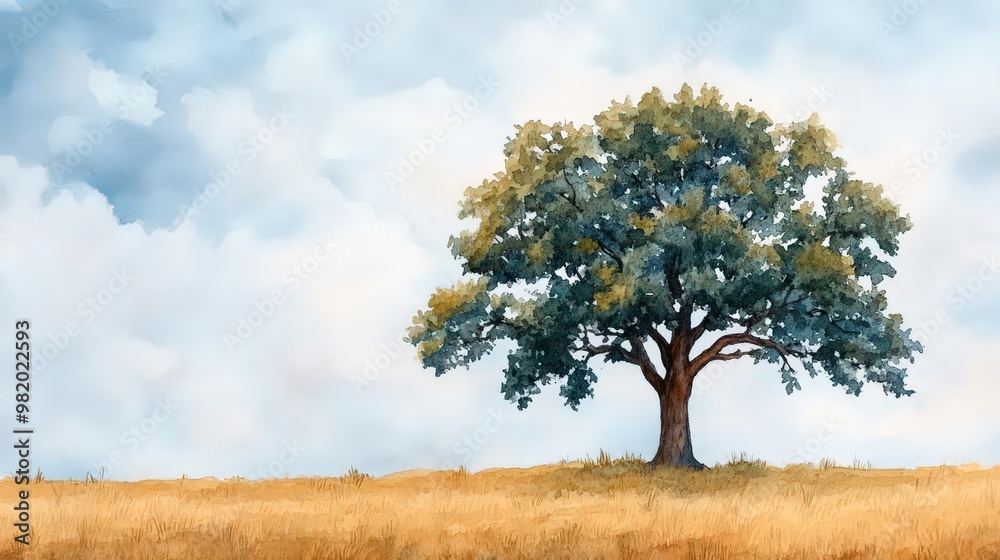 Capture a majestic oak tree reaching towards the sky, symbolizing stability and long-term growth, depicted in rich, detailed watercolor Capture a majestic oak tree reaching towards the sky, symbolizing stability and long-term growth, depicted in rich, detailed watercolor