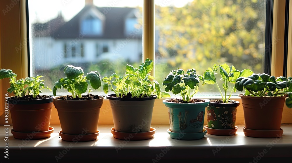 Seven Potted Plants on a Windowsill in Sunlight Seven Potted Plants on a Windowsill in Sunlight