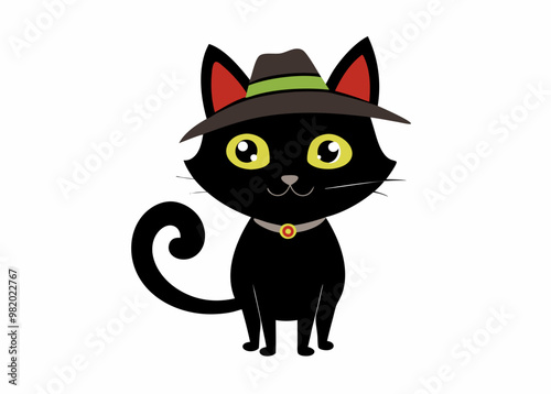 A black cat logo, icon with a hat on its head on white background