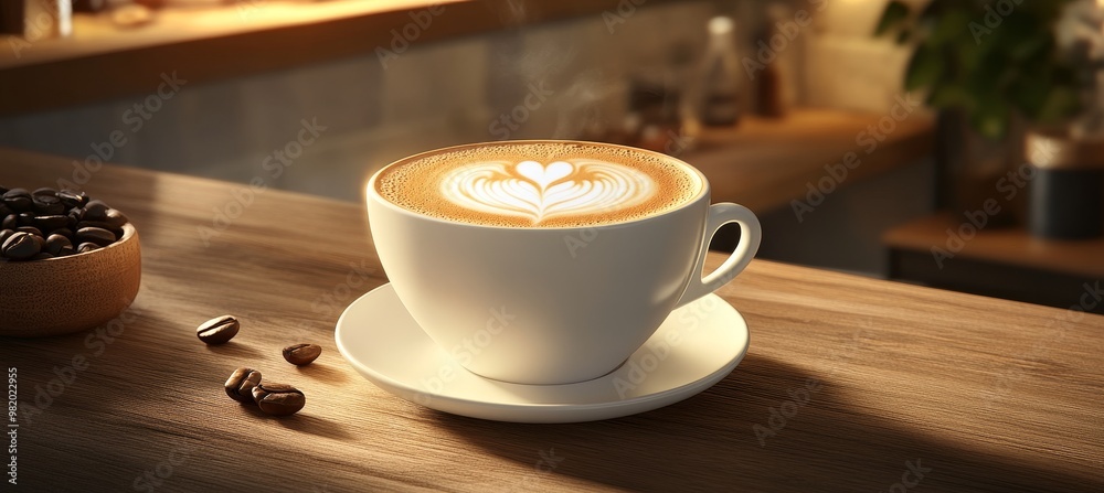 Aromatic Latte Art A Steaming Cup of Coffee with Latte Art and Roasted Beans on a Sunlit Cafe Table Aromatic Latte Art A Steaming Cup of Coffee with Latte Art and Roasted Beans on a Sunlit Cafe Table