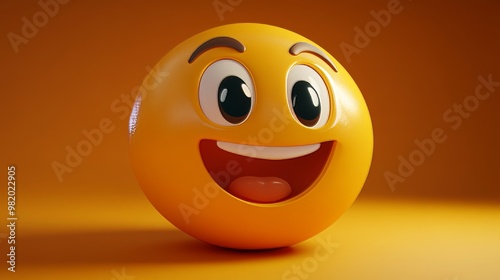 3D Illustration of a Laughing Emoji Face with Big Eyes and Open Mouth on an Orange Background