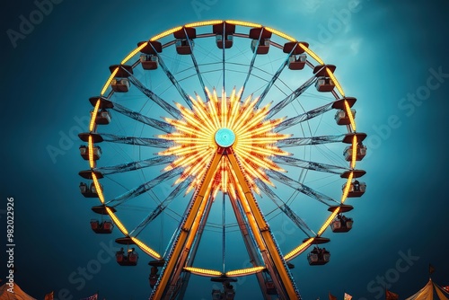 Carnival rides at night, ferris wheel glowing with neon lights, excited faces and bustling activity, night carnival, festive party photo