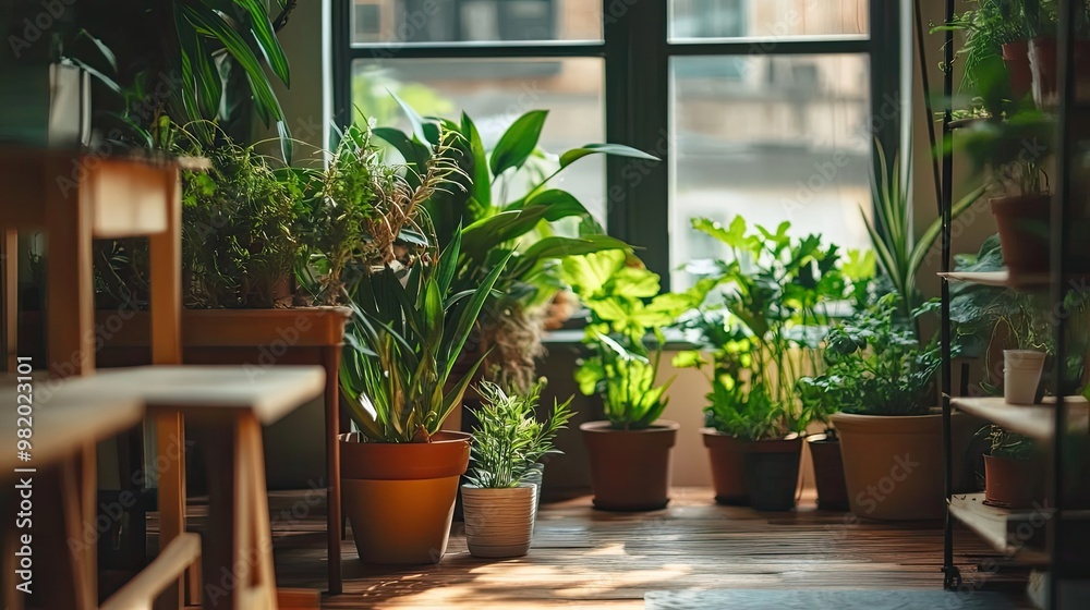 Sunlit Indoor Garden with Plants in Pots and Wooden Furniture Sunlit Indoor Garden with Plants in Pots and Wooden Furniture