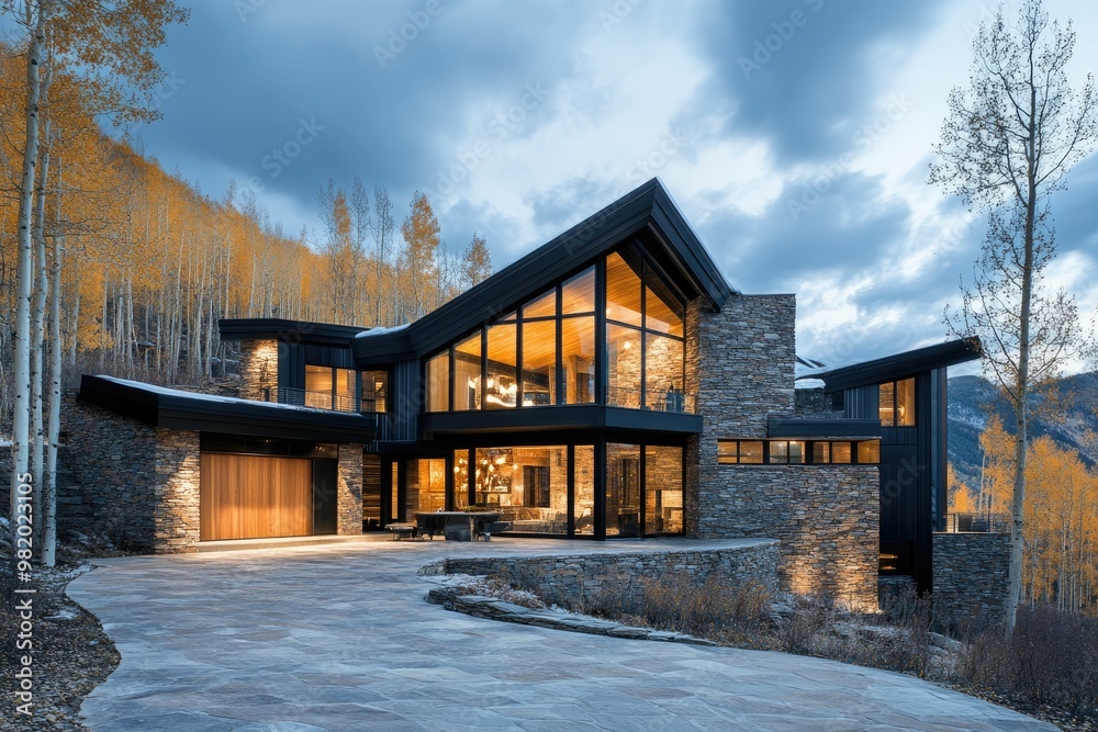 Modern mountain home with large windows and stone accents. Modern mountain home with large windows and stone accents.