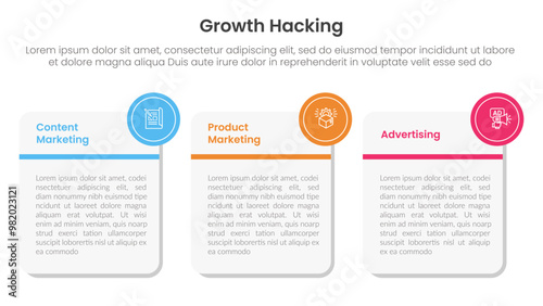 growth hacking infographic 3 point with big round square box for slide presentation